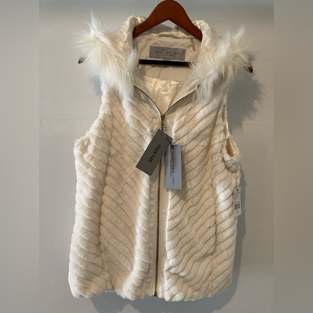 Marc New York Ivory Faux Fur Vest with Hood and gold details